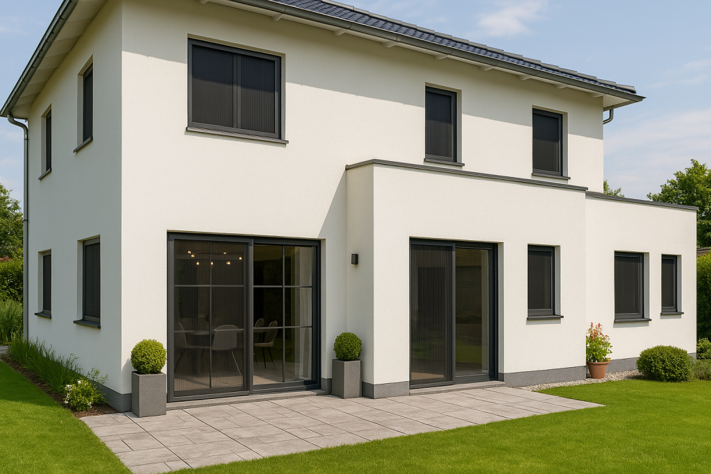 Modernes Haus mit Plisseelo Insektenschutz an Fenstern und Türen